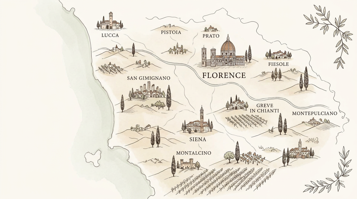 Handritad karta över Toscana